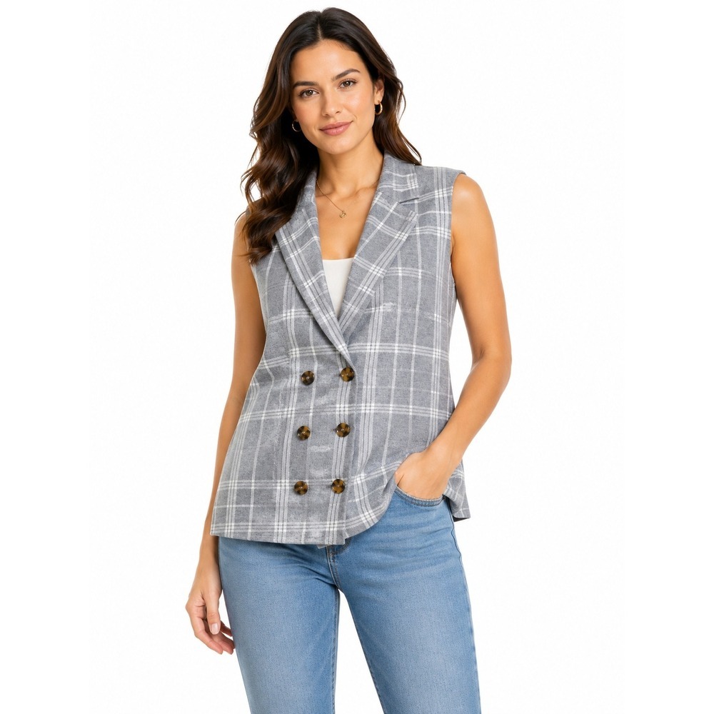 Marled Grey Plaid Sleeveless Double Breasted Vest Knit Blazer XL NWT